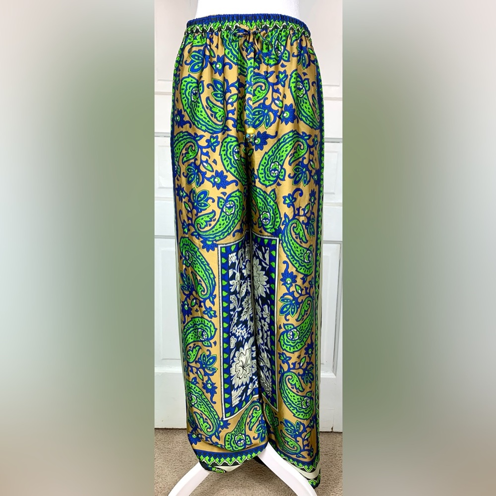 Zara Paisley Print Wide-Leg Pull-On Pants w/ Pockets and Drawstring